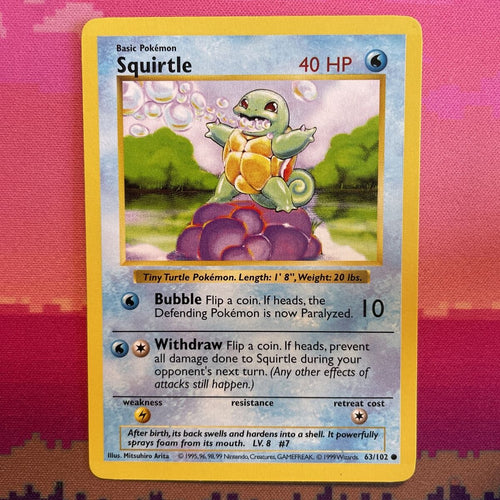 Pokemon Card Squirtle Shadowless Base Set Common 63/102  Near Mint