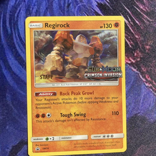 Regirock SM74 STAFF Pre Release Black Star Promo Crimson Invasion