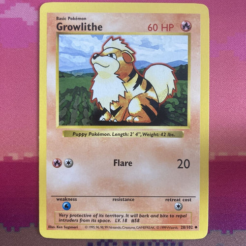 Pokemon Card Growlithe Shadowless Base Set Uncommon 28/102 Near Mint Condition