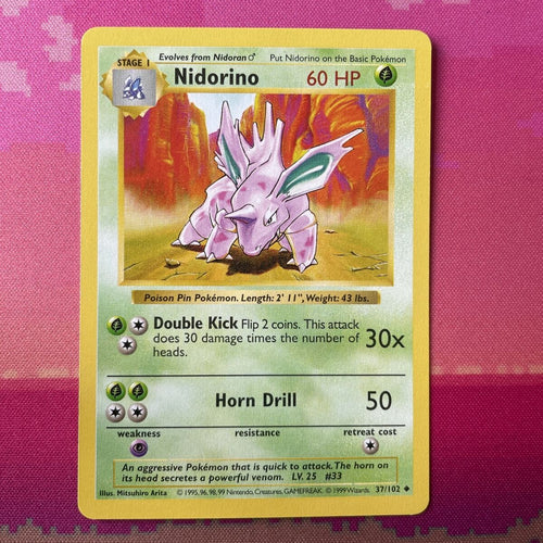 Pokemon Card Nidorino Shadowless Uncommon Base Set 37/102 Near Mint Condition