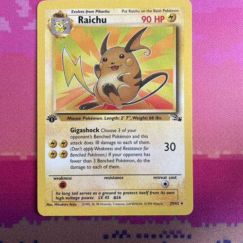 Pokemon Card Raichu Fossil 1st Edition Rare 29/62 Near Mint