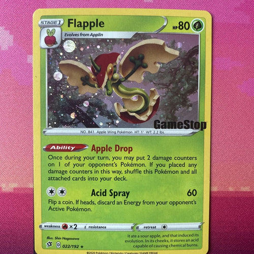 Pokemon Card Flapple Rebel Clash Holo Rare STAMPED GAMESTOP 022/192 Near Mint