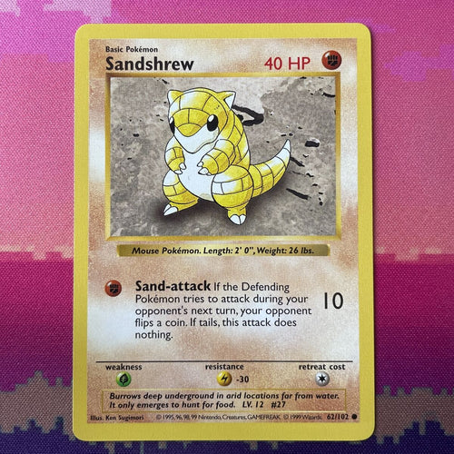 Pokemon Card Sandshrew Shadowless Base Set Common 62/102 Near Mint Condition