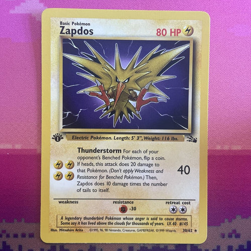 Pokemon Card Zapdos Fossil 1st Edition Rare 30/62 Near Mint Condition