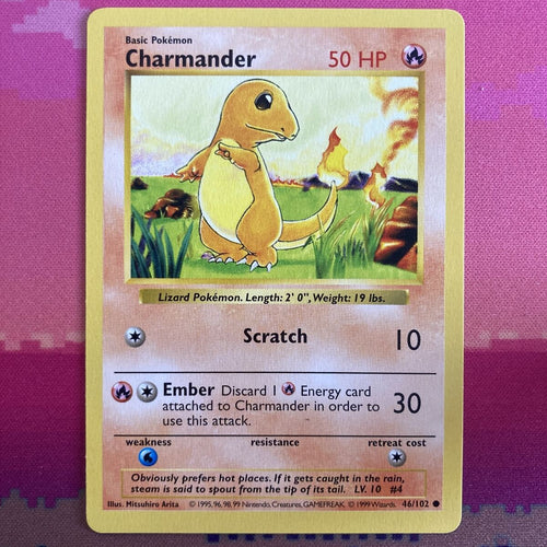 Pokemon Card Charmander Shadowless Base Set Common 46/102 Near Mint Condition