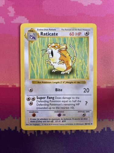 Pokemon Card Raticate Shadowless Base Set Uncommon 40/102 Near Mint