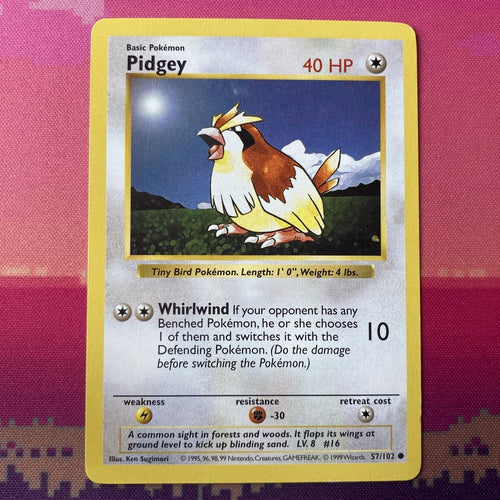 Pokemon Card Pidgey Shadowless Base Set Common 57/102 Near Mint Condition