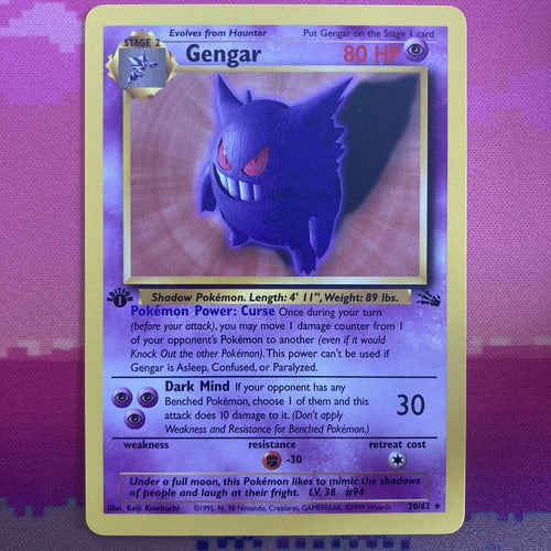 Pokemon Card Gengar Fossil 1st Edition 20/62 Near Mint Condition