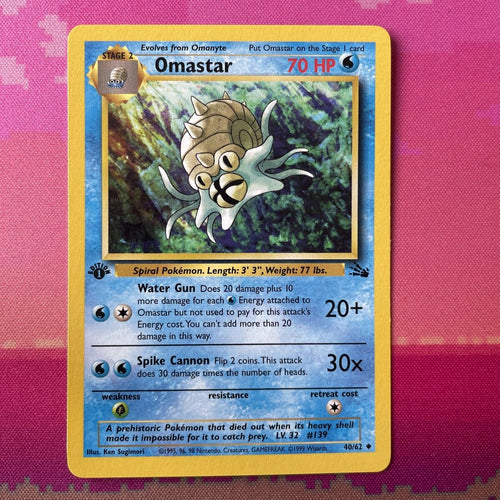 Pokemon Card Omastar Fossil 1st Edition 40/62 Near Mint Condition